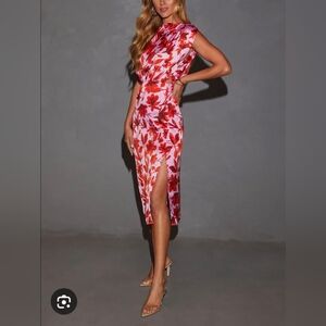 Vici Pink Floral Midi Dress with Red Blossoms